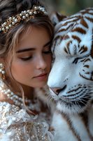 Young woman in pearl crown and lace dress poses with white tiger in dreamy artistic portrait showing gentle connection between human and wild nature.
