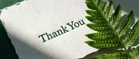 Handmade paper card with Thank You text beside a green fern leaf on a dark background, conveying gratitude and natural elegance.