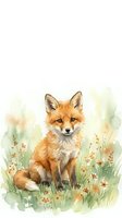 Watercolor fox kit sitting in wildflower meadow with soft pastel background for nursery decor and nature illustration projects.