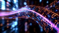 Glowing digital wave with pink and blue light streams flowing through dark space, creating futuristic technology visualization with bokeh effect and particle elements.