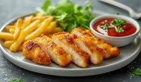 Crispy breaded chicken strips served with golden french fries, fresh parsley garnish and tomato dipping sauce on gray ceramic plate against dark background.
