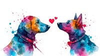 Two dogs in love with colorful watercolor splashes and hearts on white background. Romantic pet illustration for Valentine's Day cards and gifts.