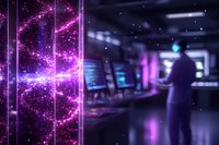 Futuristic control room with scientist silhouette monitoring digital screens while purple energy streams and particles flow through transparent chamber.