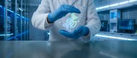 Scientist in blue gloves holding glowing DNA helix hologram in modern laboratory. Medical research, genetic engineering, biotechnology innovation concept.