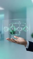 Businessman hand presenting holographic digital workflow automation interface with connected process icons in modern office environment.