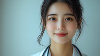 Young Asian female medical professional with gentle smile wearing white coat and stethoscope against soft teal background, representing healthcare and wellness.