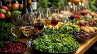 Festive table setting with wine glasses, fresh salad greens, berries, and appetizers on wooden surface, creating elegant dining atmosphere for celebration.