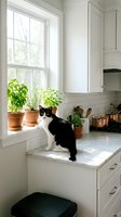 Black and white tuxedo cat sitting on marble kitchen counter near sunny window with herb plants in terracotta pots, cozy home interior.