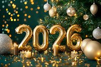Gold 2026 number balloons with Christmas tree, ornaments and candles against dark green background with bokeh lights for New Year celebration.