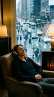 Young man relaxing with headphones in cozy armchair by window overlooking busy rainy city street with blurred traffic and pedestrians at dusk.