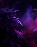 Cannabis leaves illuminated by purple light against a mystical smoky background, creating an atmospheric mood for medicinal or recreational cannabis concepts.
