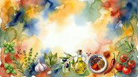 Watercolor cooking ingredients frame with fresh vegetables, herbs, olive oil, and spices arranged around white center space for recipe text or culinary content.