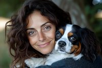 Woman with curly brown hair holding a Cavalier King Charles Spaniel puppy outdoors, showcasing bond between pet and owner.