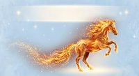 Majestic golden fire horse rearing with glowing mane and sparkling particle trail against soft blue background for fantasy designs and magical concepts.