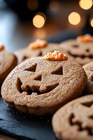 Halloween pumpkin face cookies with orange frosting and sugar sparkles on dark slate background, festive bokeh lights create magical autumn mood.