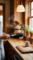 Man in striped apron flipping golden pancakes in a cast iron pan, steam rising in a warm rustic wooden kitchen during breakfast.