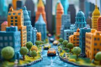 Miniature cityscape with colorful toy buildings, orange taxi and green trees creating whimsical urban scene perfect for children's books, urban planning presentations or creative design projects.