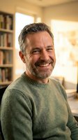 Smiling middle-aged Caucasian man with beard in green sweater sitting in cozy home library with warm natural lighting for lifestyle content.