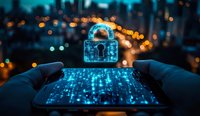 Glowing blue digital padlock hologram floating above tablet screen with binary code pattern against blurred city lights background at night. Cybersecurity concept.