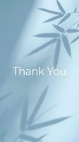 Thank you card with soft blue background and bamboo leaf shadows, featuring elegant white text for greeting cards and social media.