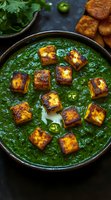 Grilled paneer cubes served on creamy spinach curry sauce garnished with green chilies and fresh herbs in rustic black bowl, appetizing Indian cuisine.