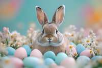 Adorable brown bunny surrounded by pastel blue Easter eggs and white spring flowers against turquoise background, creating festive holiday atmosphere.