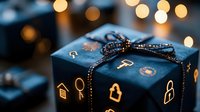 Dark blue gift box with golden lock icons and glittering bow against blurred bokeh lights background, creating magical holiday atmosphere. Perfect for celebration designs.