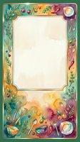 Colorful culinary frame with cooking utensils, fresh herbs, and ingredients arranged on gradient background. Isolated design ready for recipe cards, menus, invitations, and kitchen-themed projects.