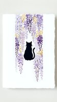 Silhouette of black cat sitting beneath cascading wisteria flowers in purple and gold tones on white background. Isolated artwork suitable for greeting cards, wall art, and home decor.