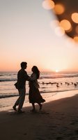 Romantic couple dancing on beach at sunset with golden bokeh lights and ocean waves creating dreamy atmosphere for wedding anniversary celebration.