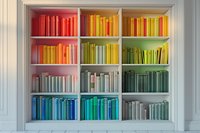 Books arranged by color in rainbow spectrum on white built-in bookshelf, creating organized gradient display from red through yellow, green, blue to white tones.