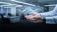 Businessman holding holographic network connections in modern office space showcasing digital transformation and connectivity technology solutions.