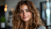 Young woman with wavy brown hair and natural makeup smiling warmly at camera in soft indoor lighting, wearing casual grey top against blurred background with bokeh lights.