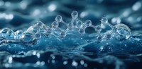 Macro photography of water drops forming bubble chain pattern on blue aqua surface with bokeh light effects and reflections creating artistic composition.