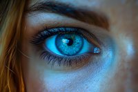 Close-up of bright blue eye with detailed iris patterns and long eyelashes in dramatic lighting for beauty and vision concepts.