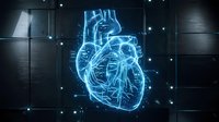 Digital holographic human heart anatomy with glowing blue wireframe structure and data points for medical technology and healthcare innovation concepts.