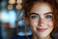 Close up portrait of young woman with bright blue eyes, natural freckles, and ginger curly hair smiling warmly against blurred bokeh background.