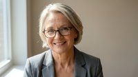 Senior woman with gray hair and glasses wearing charcoal blazer, smiling at camera in bright office setting. Corporate professional portrait.