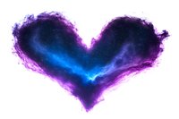 Cosmic heart shape formed by vibrant purple nebula clouds and glowing blue energy on black background, space love concept for Valentine designs.