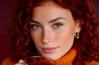 Young woman with bright red curly hair and blue eyes wearing orange turtleneck sweater holds coffee cup against burgundy background, soft natural makeup look.