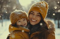 Joyful mother and child wearing matching yellow winter hats share genuine laughter during snowfall, creating heartwarming moment in snowy winter landscape.
