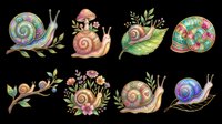 Colorful snails with ornate spiral shells and botanical elements isolated on transparent background, ready for t-shirt design, clipart, stickers, sublimation and print-on-demand projects.
