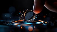 Dramatic macro shot of finger touching water surface creating ripple effect with orange and blue light reflections and bokeh circles in dark background.