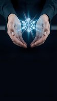 Caucasian male hands holding glowing geometric network structure symbolizing technology, innovation, and digital connectivity for business and science applications.