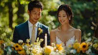 Asian couple at outdoor wedding ceremony with sunflowers and candles, bride in white lace dress and groom in navy suit sharing intimate moment in natural lighting.