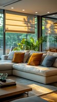 Modern living room interior with beige sectional sofa, orange and gray velvet cushions, large windows with roman shades, and tropical plants in warm evening light.