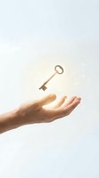 Hand reaching for glowing golden key floating above palm against soft light background symbolizing success opportunity and achievement.