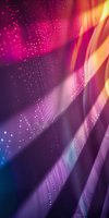 Abstract background with flowing light rays in purple, pink and orange gradient colors featuring sparkling particles and dynamic wave elements.