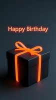 Happy Birthday neon glowing text with dark gift box wrapped in orange neon ribbon on dark background for greeting card design.