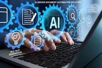 Businessman using laptop with artificial intelligence automation icons and gears overlay representing modern digital workflow and smart technology solutions.
